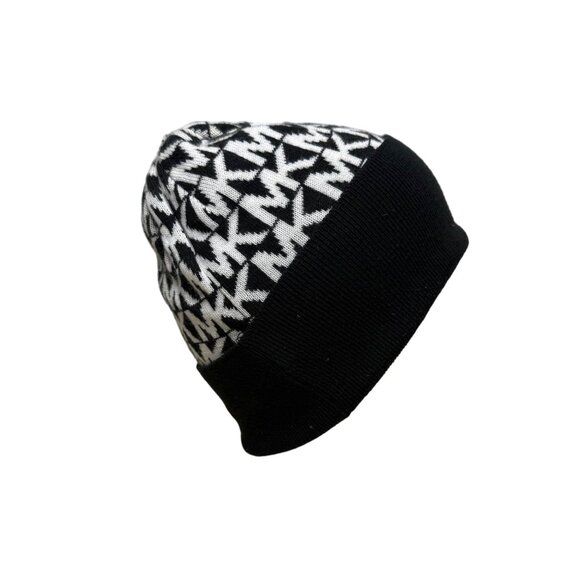 Michael Kors Womens Black & White Printed Knitted Beanie Hat Stretch OS - Picture 3 of 7